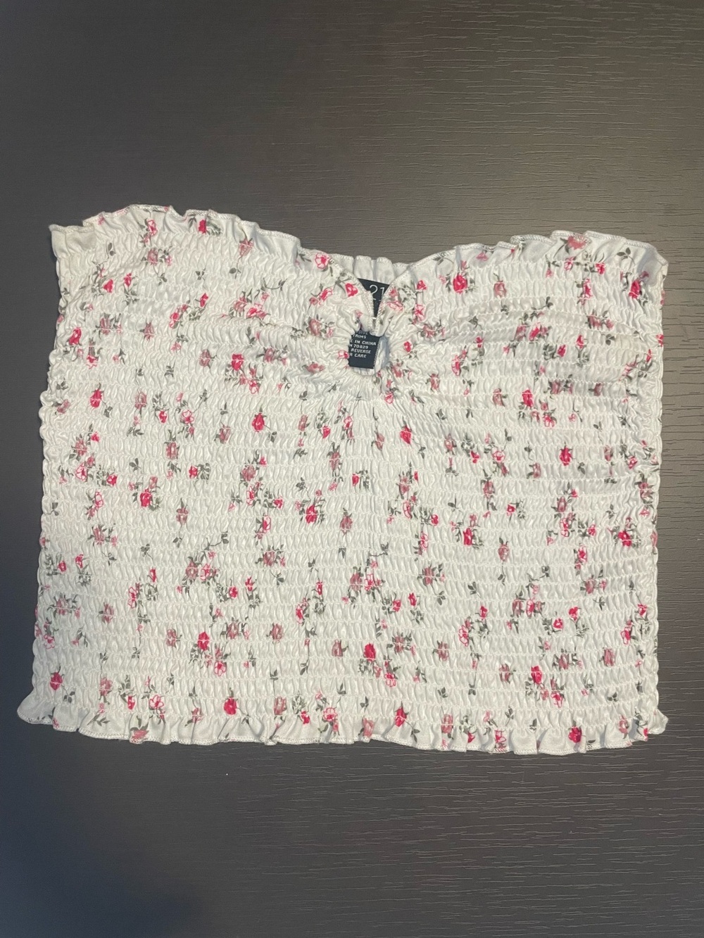 White Floral Tube Top with Circular Ring Opening in the Front - Size Large